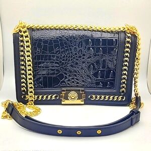 Black Vegan Leather Handbag With Adjustable Crossbody Gold Tone Chain